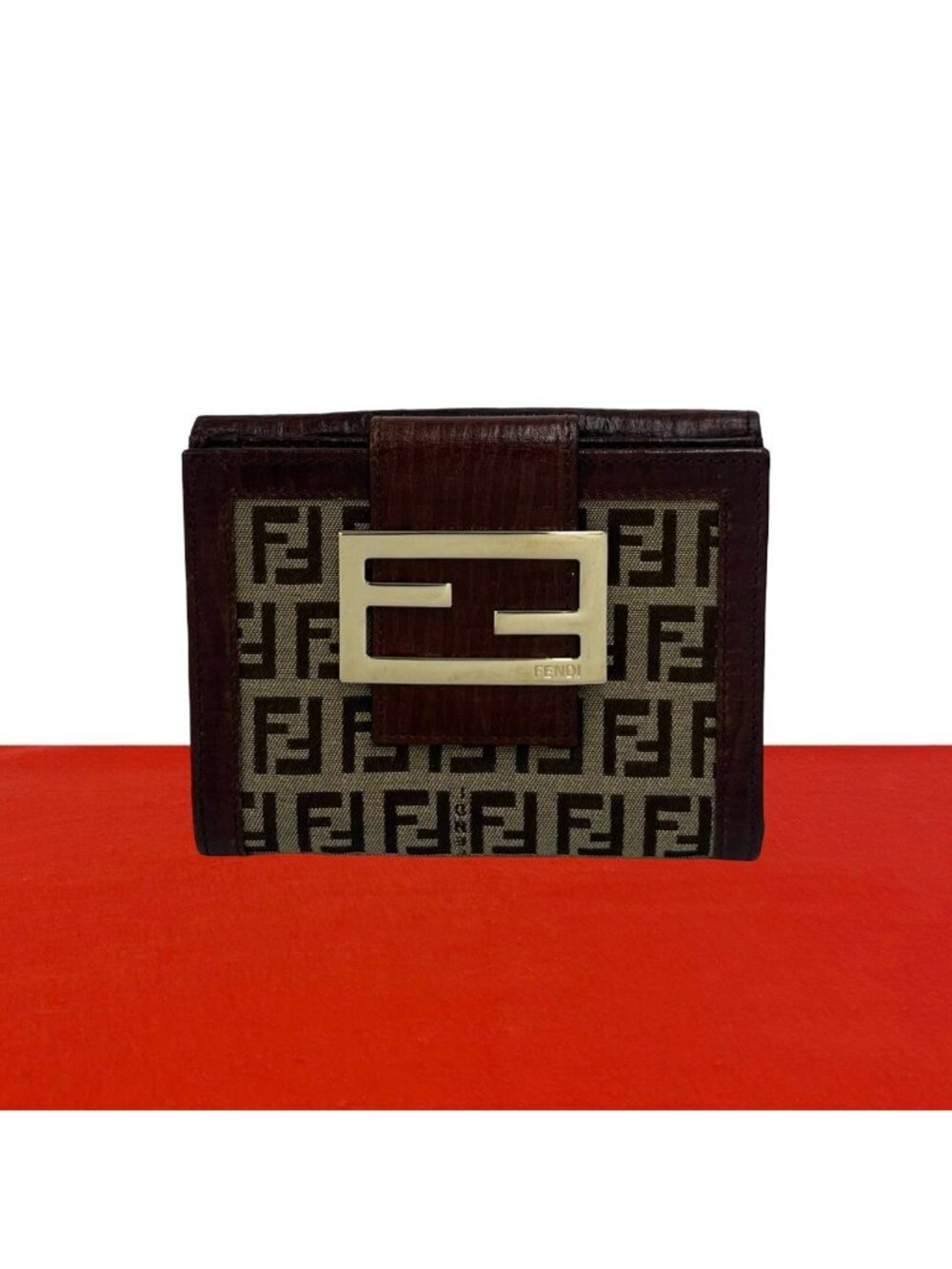 Fendi Vintage Zucchino FF Pattern Leather Bifold Wallet Beige Brown
